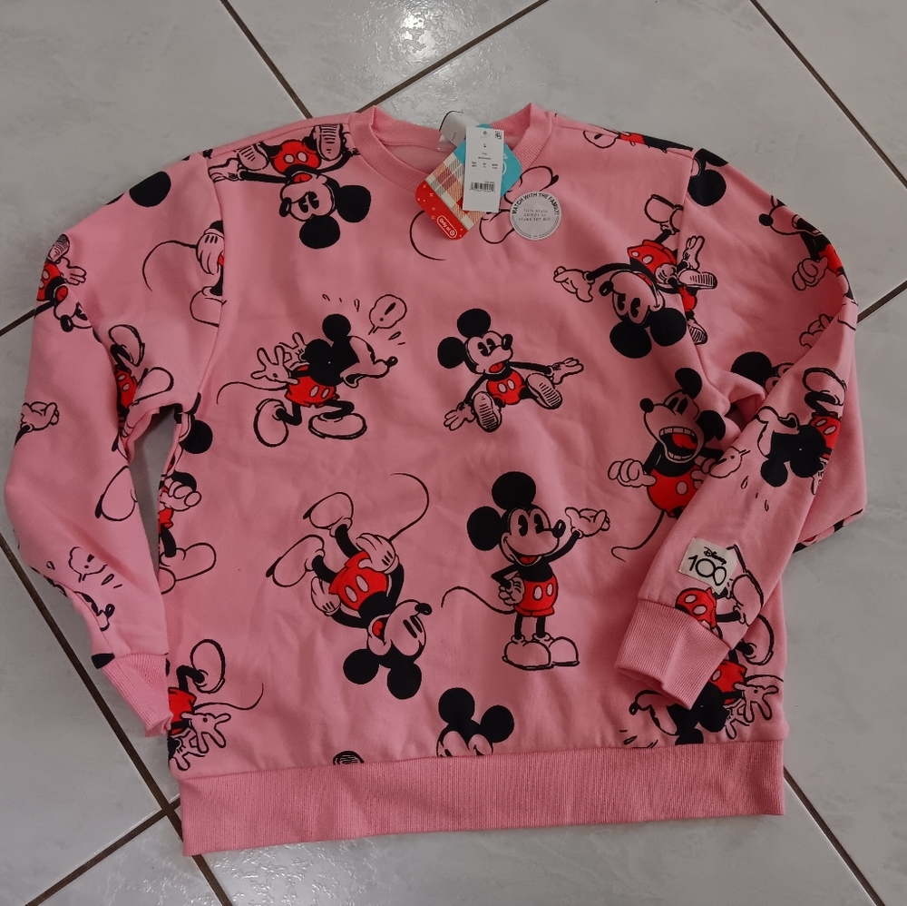Disney 100 Mickey Mouse Sweater Women’s Large Pink All Over Print Sweatshirt